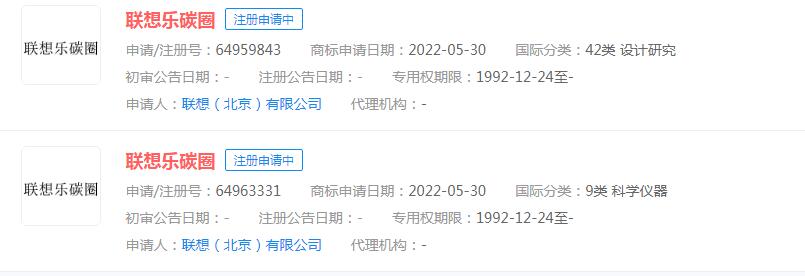 聯(lián)想申請(qǐng)“聯(lián)想樂碳圈”商標(biāo)，目前狀態(tài)顯示申請(qǐng)中